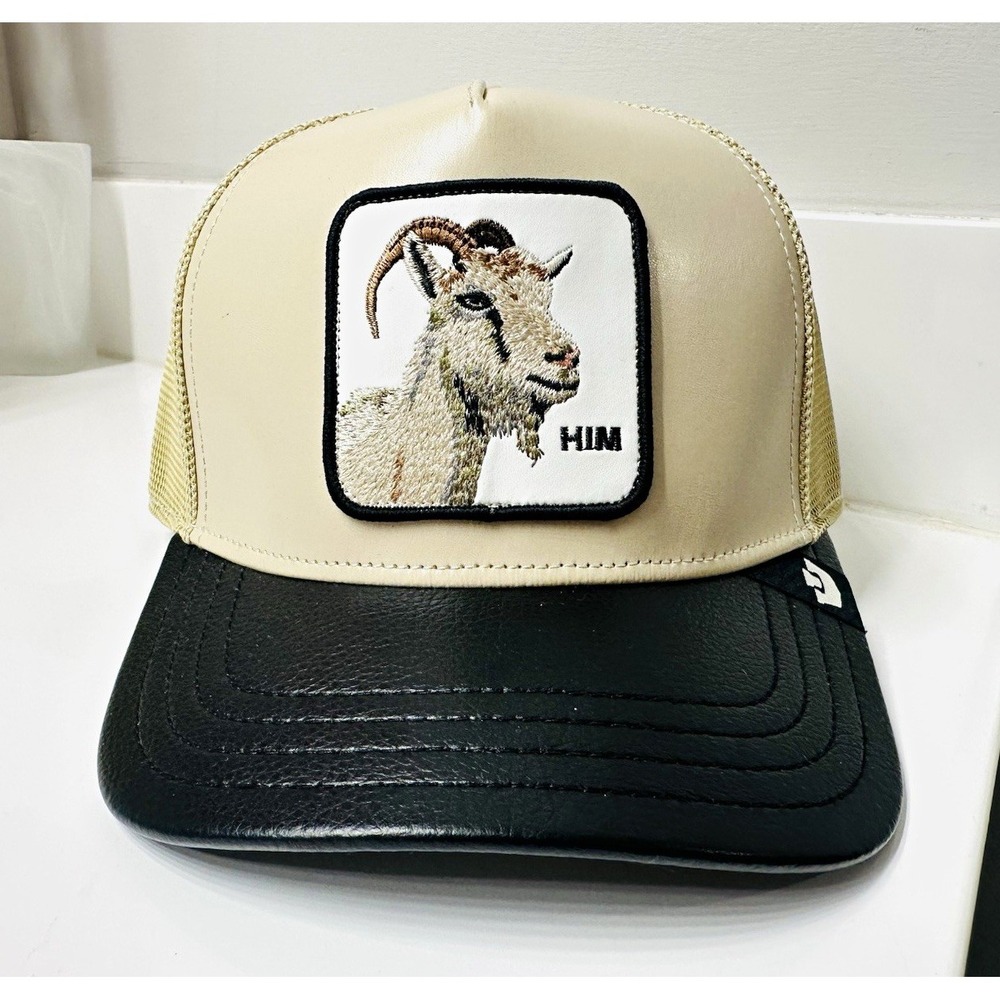 Goorin Bros Mens Mildly Remarkable Goat Patch Trucker Hat Beige Black Leather OS